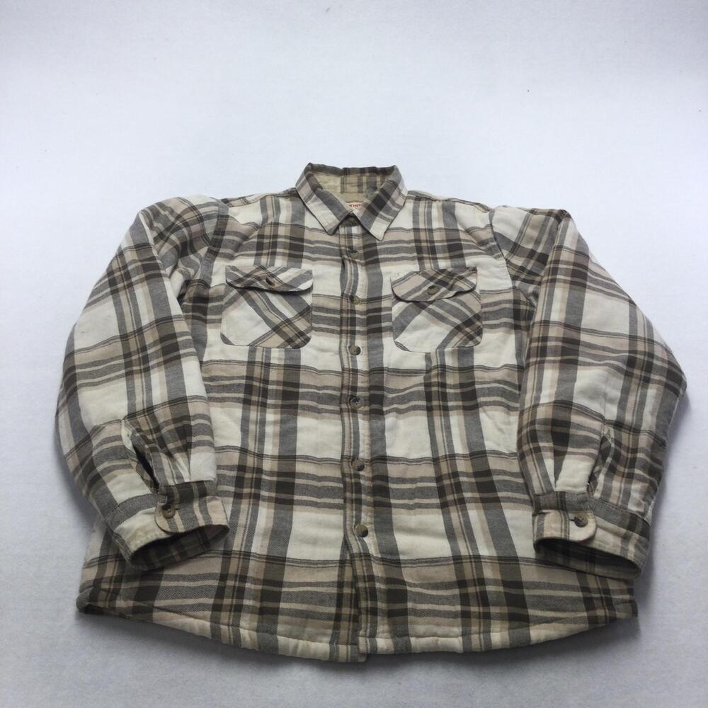Wrangler Shirt Jacket Mens Medium Beige Plaid Flannel Sherpa Lined Button Up